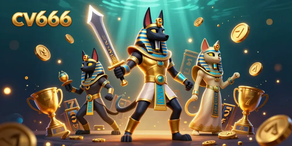 Experience exciting casino action with cv666, showcasing Anubis and Bastet among vivid slot elements and golden coins.