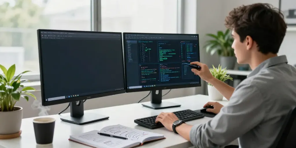 Developer configuring v2rayN in a modern workspace with dual monitors and technical notes.