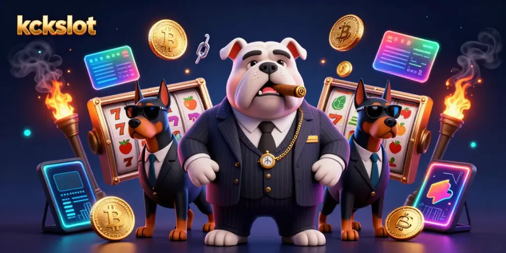 Gambarlah kckslot di dunia kasino dengan karakter mafia dan elemen slot yang penuh warna.
