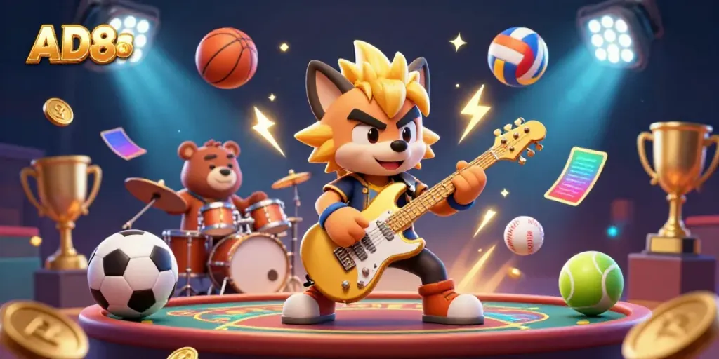 Experience the excitement of AD88 with a rock star wolf and vibrant casino elements.