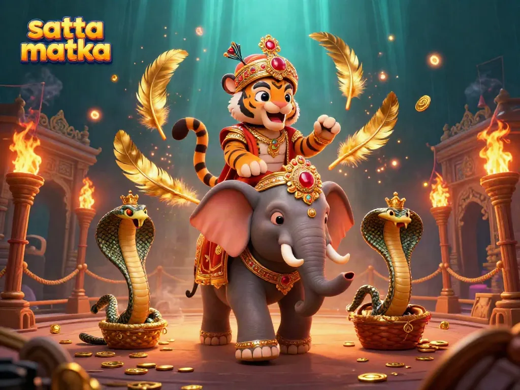 सट्टा मटका से संबंधित 3D आर्ट में एक भारतीय महाराजा बाघ और ज्वेल-एनक्रस्टेड हाथी