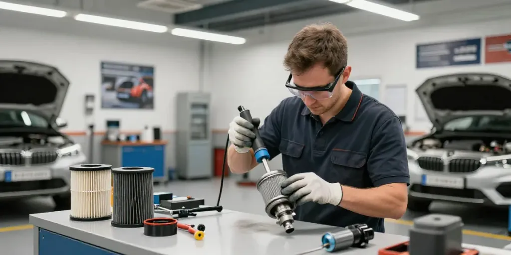 DPF reinigung hannover technician cleaning diesel particulate filter in an automotive workshop