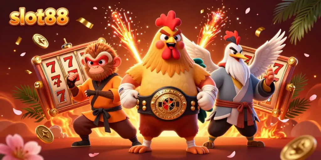 Experience thrilling gameplay with slot88 through this exciting 3D illustration of cartoon characters symbolizing luck and winning.